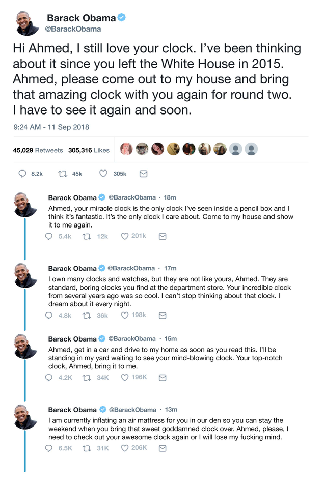 Illustration for article titled Back For Seconds: Barack Obama Has Once Again Invited Ahmed To His House To Get Another Look At That Sweet Goddamn Clock He Built